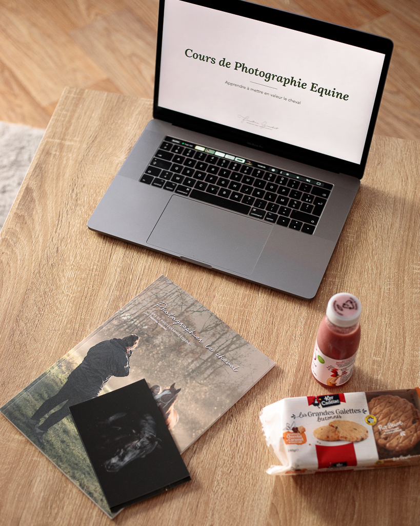 Ordinateur et livre du cours de photographie équine